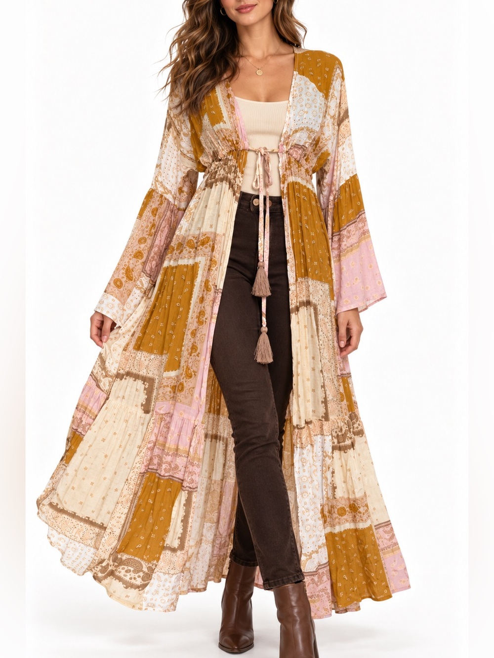 Dress Forum Boho Patchwork Paisley Maxi Kimono Duster Bell Sleeve S NWOT - Picture 1 of 10